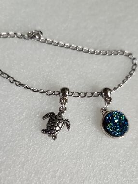 Hand Crafted Silver Turtle Charm Bracelet with Blue-Green Druzy Accent